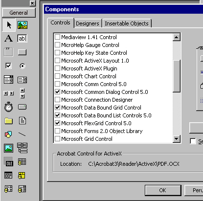 34 Visual Basic 5 -ohjelmoinnin peruskurssi 2.3: Valittuja ActiveX-ohjaimia TAULUKKO (MSFLEXGRID1 - MSFLEXGRID) Ohjain lisätään työkalulaatikkoon valitsemalla kohta Microsoft FlexGrid Control 5.0.