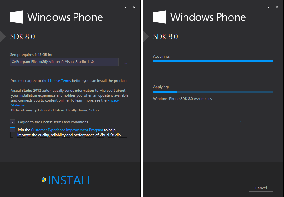23 Kuva 5. Windows Phone SDK 8.0 -asennusmanageri Asennushakemiston ja käyttöehtojen jälkeen napautetaan "install", jonka jälkeen asennusmanageri alkaa ladata tiedostoja verkosta noin 1.6 GB edestä.