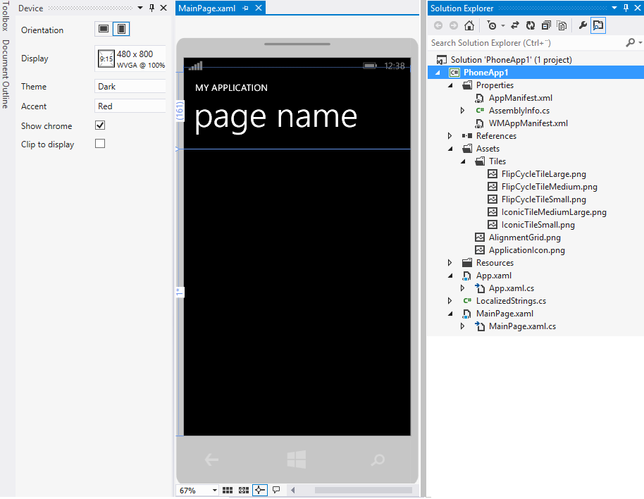 25 Kuva 6. Visual Studion MainPage ja Solution Explorer Visual Studio luo uuteen sovellusprojektiin valmiiksi Windows Phone - sovelluksessa tarvittavat kansiot ja tiedostot.
