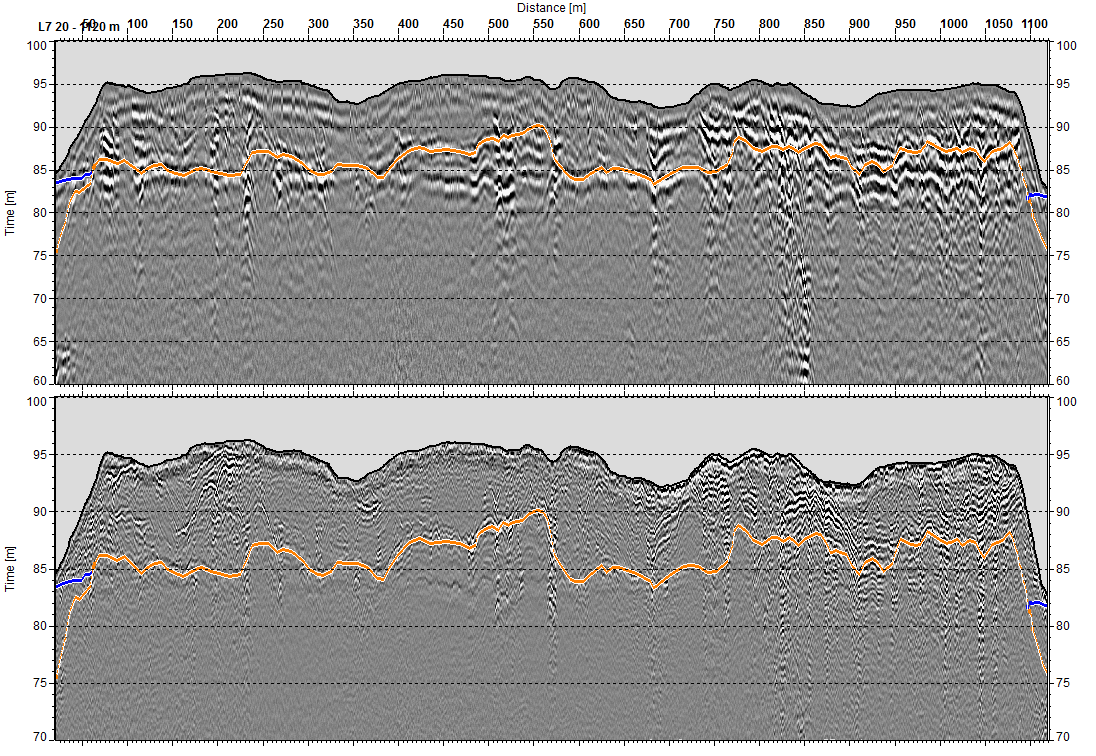 Etelä-Savon kiviaineshuollon turvaaminen 51 Kuva 6. Luotauslinjan L6 tulkintaprofiilit 25 MHz (ylempi profiili) ja 100 MHz (alempi profiili) mittausvälillä 50 450 m.