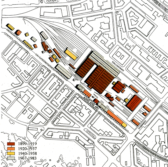 rakennusvaiheet hahmotelma konepajan tuotannon virroista (Kuva: Pasilan ja Vallilan rautatieympäristöjen kehittämissuunnitelma / Nissi 1997, 34.