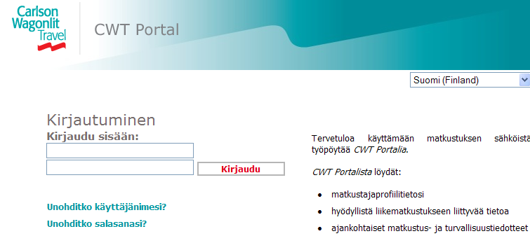 3 Kirjautuminen CWT Portaliin jatkossa Rekisteröitymisen jälkeen kirjaudut jatkossa aina osoitteessa http://portal.carlsonwagonlit.