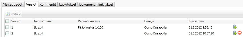 15 (22) Versioiden lisääminen Samalla dokumenttinimellä olevat tiedostoversiot tallennetaan uusina versioina, jolloin myös vanhat versiot jäävät talteen.