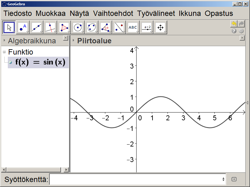 8. Funktion kuvaaja ja tangenttisuora kuvaajan pisteen kautta Luodaan jonkun mielivaltaisen funktion kuvaaja ja tämän jälkeen kuvaajalle tangentti niin, että pistettä jonka kautta tangenttisuora