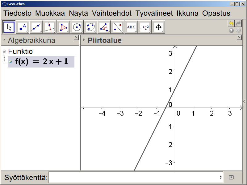 3. Kuvaajien piirtäminen syöttökentän avulla Ikkunan alareunaan sijoitetun Syöttökenttä-laatikon avulla voimme piirtää mm. funktioiden kuvaajia. Piirretään seuraavien funktioiden kuvaajat:, ja.