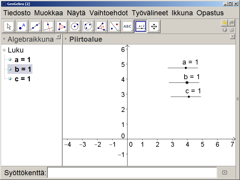 6. Liukusäätimistä riippuvan paraabelin luominen Luo ensiksi uusi ikkuna valitsemalla ohjelman päävalikosta Tiedosto ja tämän jälkeen Uusi ikkuna.
