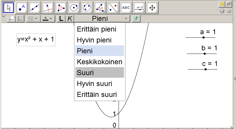Nyt ollaan melkein maalissa. Kun em. Objektit-valikosta valitaan funktion nimi (f), saadaan seuraava tilanne.