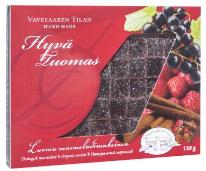 Hyvä Tuomas luomu glögimakeinen, 120 g Ainesosat: sokeri* tärkkelyssiirappi*, vesi, mustaherukka* ja mansikka*(10%),