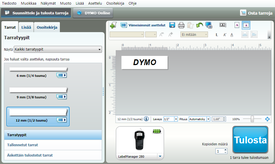 DYMO Label -ohjelmiston käyttäminen Seuraavassa kuvassa on esitetty joitakin DYMO Label -ohjelmiston tärkeimmistä ominaisuuksista. Käytä asettelua tarrassa.