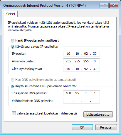 4. Napsauta Internet Protocol Version 4 (TCP/IPv4) ja napsauta Ominaisuudet. 5. Valitse Käytä seuraavaa IP-osoitetta. 6. Syötä IP-osoite, Aliverkon peite ja Oletusyhdyskäytävä. 7.