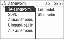 104 Johdanto 1. Valitse valikkokohta Diskant. tai Basso. 2. Käännä monitoimisäädintä, kunnes äänenvoimakkuus on haluamasi. 3. Paina monitoimisäädintä. 4. Haluttaessa: valitse Diskant. tai Basso. 5.