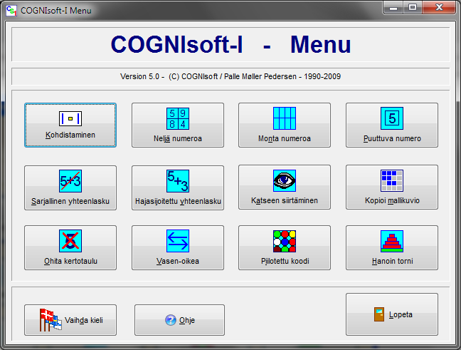 6 COGNIsoft-I Käyttöohje 2 Yleiset toiminnot 2.1 Menu-valikko Kaikilla erillisillä harjoituksilla on omat pikakuvakkeensa Windowsin Käynnistä -valikossa: Käynnistä Ohjelmat COGNIsoft-I.
