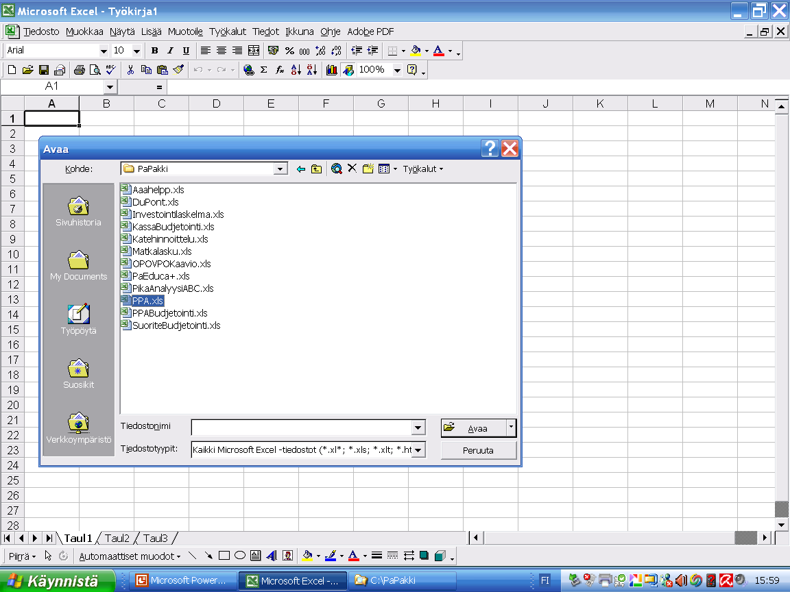 ALOITUS PPA-budjettien teko aloitetaan aina avaamalla Exceliin työkirja PPA.xlsb. Se löytyy asennuksessa antamastasi kansiosta (oletus: C:\PPA tai C:\PaPakki).