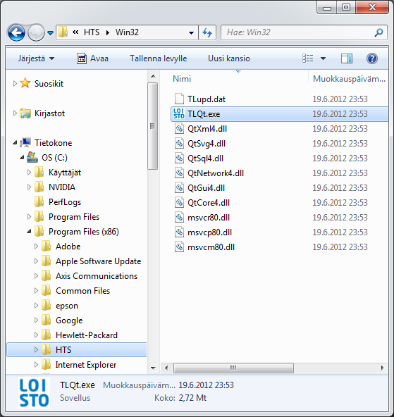 Tasku Loisto II käynnistetään tietokoneessa ohjelmakuvakkeesta, joka sijaitsee HTS/Win32 kansiossa. 1. Avaa HTS/Win32 kansio: Kuva 7. Tasku Loisto II:n ohjelmakuvake sijaitsee HTS\Win32 -kansiossa. 2.
