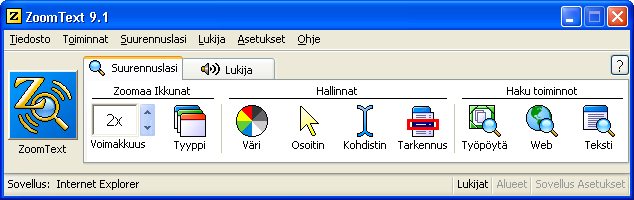 ZoomTextin Käyttäjäliittymä Kun ZoomText on aloitettu, käyttäjäliittymä esiintyy näytöllä. Tämä ikkuna sisältää kaikki hallintajärjestelmät ZoomTextin käyttöä varten.