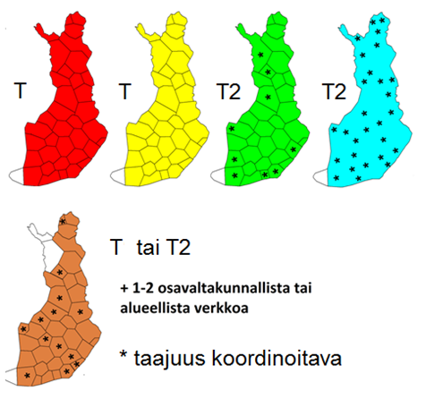 Uuden toimilupakauden televisioverkot UHF alueella YLE ja yleisen edun kanavat DVB-T ja DVB-T2 verkot Rinnakkaislähetys.