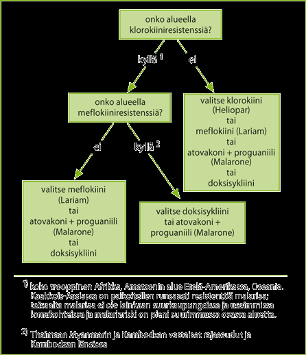 22 KUVIO 3. Malarian estolääkkeen valinta resistenssitilanteen mukaan (Terveyden ja hyvinvoinnin laitos 2011) Suurin malariariski tällä hetkellä on Saharan eteläpuoleisessa trooppisessa Afrikassa.