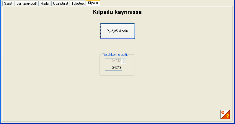 Kilpailu Kilpailu on nyt käynnissä ja kilpailuasiakassovellukset voivat ottaa kilpailuun yhteyden. Kilpailunhallintasovellusta ei voi käyttää kilpailun ollessa käynnissä.