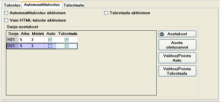 Kilpailusovellus Automaattitulosteilla voidaan laittaa haluttujen sarjojen tuloksia tulostumaan automaattisesti tietyin väliajoin ja/tai maaliintulleiden kilpailijoiden määrän perusteella.