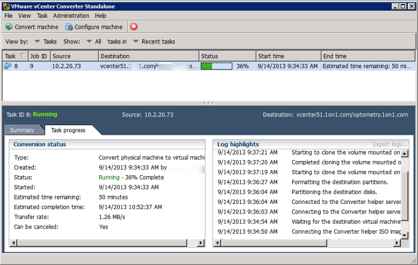 24 Itse käyttöjärjestelmän konvertoiminen on tehty VMware vcenter Converter - ohjelmassa myös helpoksi. Konvertoinnin voi aloittaa klikkaamalla aloitusnäkymässä Convert machine -painiketta.