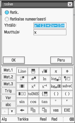 13 Yhtälöiden ratkaisukäsky solve ClassPadin avulla voidaan ratkaista yhtälöitä. Se tapahtuu esim. käyttämällä Interaktiivisen valikon Lisätoiminnot (Lisätoim) komentoa solve.