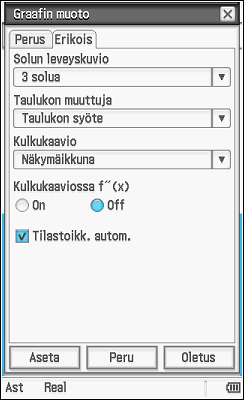 21 Valikko- ja symbolipalkit muuttuvat aktivoidun ikkunan mukaan: 1 2 3 4 5 6 Funktiolausekeikkuna aktivoituna (yllä) 1 Grafiikkaikkunan aktivointi (funktio piirretään) 2 Arvotaulukoiden luonti 3