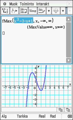 38 Paikallisen maksimiarvon ja absoluuttisen maksimin määrittäminen Tehtävänä on määrittää absoluttinen ja paikallinen maksimiarvo funktiolle f(x) = x 3-3x +1.