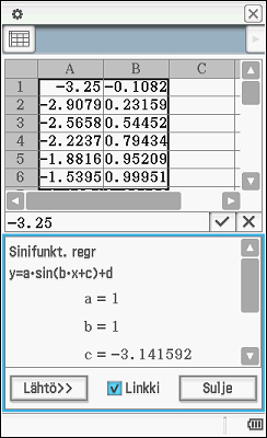 44 Valitaan Menu-valikosta Taulukko-sovellus ja lisätään tiedot Muok - Liitä. Regressio avataan valitsemalla Laske - Regressiot - Sinifunkt. regr (Sinifunktioregressio).