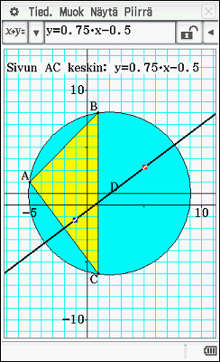 47 Näppäimen U avulla muodostetaan ympyrä keskipisteen ja kolmion kulmapisteen kautta. Valitaan ensin piste D ja sitten kulmapiste. Konstruktio on valmis.