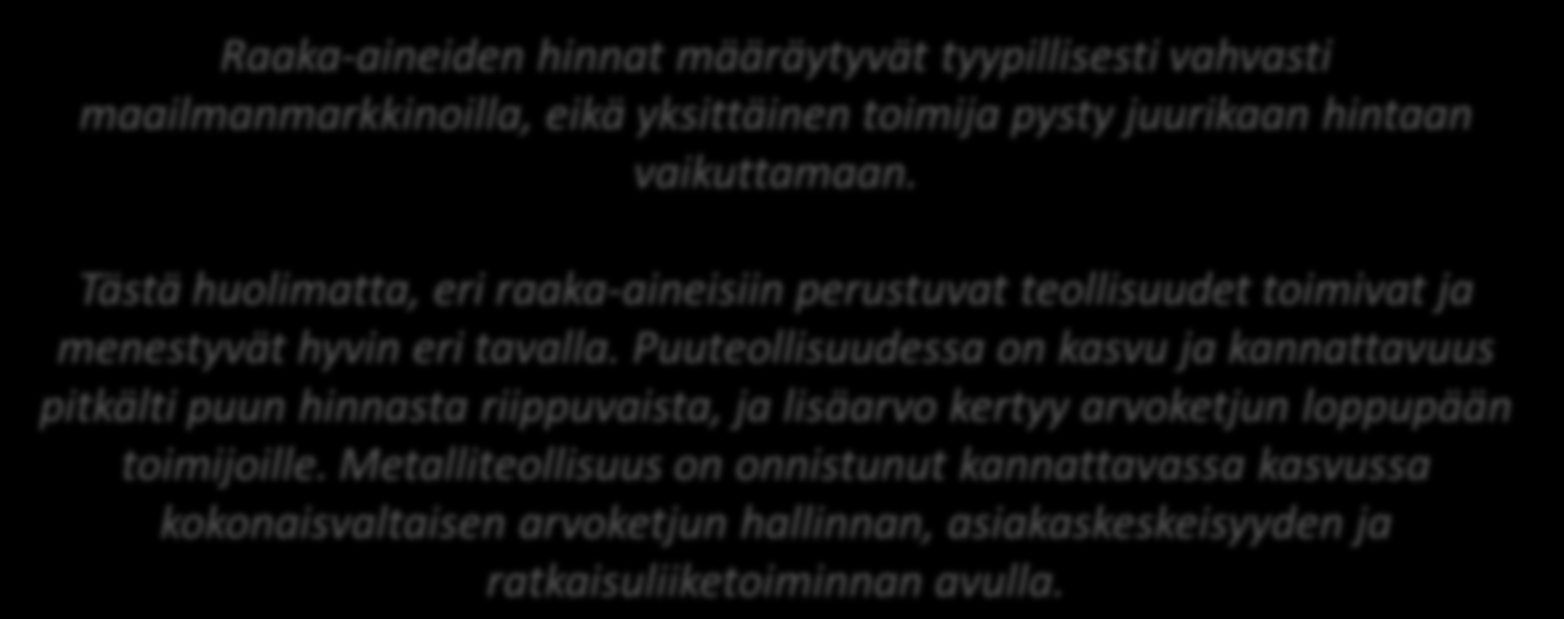 Case: Metalliteollisuus vs. Puuteollisuus rakentamisessa Raaka-aineiden hinnat määräytyvät tyypillisesti vahvasti maailmanmarkkinoilla, eikä yksittäinen toimija pysty juurikaan hintaan vaikuttamaan.