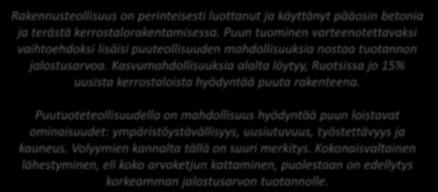 Case: Rakennusteollisuus Rakennusteollisuus on perinteisesti luottanut ja käyttänyt pääosin betonia ja terästä kerrostalorakentamisessa.