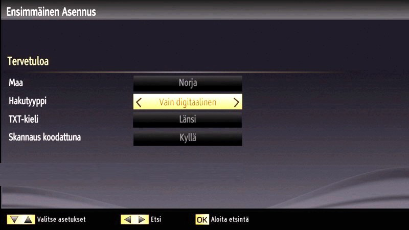 Ensiasetus Kun TV kytketään päälle ensimmäistä kertaa, "Kielen valinta"-valikko ilmestyy kuvaruutuun. Viesti Tervetuloa, ole hyvä ja valitse kieli!