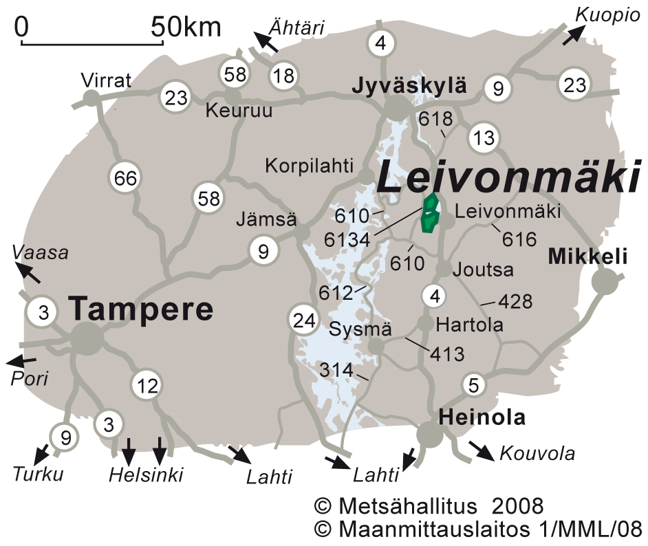 2 Kävijätutkimuksen toteutus 2.1 Alueen kuvaus Vuonna 2003 perustettu Leivonmäen kansallispuisto sijaitsee Länsi-Suomen läänissä, Keski- Suomessa, 4-tien länsipuolella Joutsan kunnassa (kuva 1).