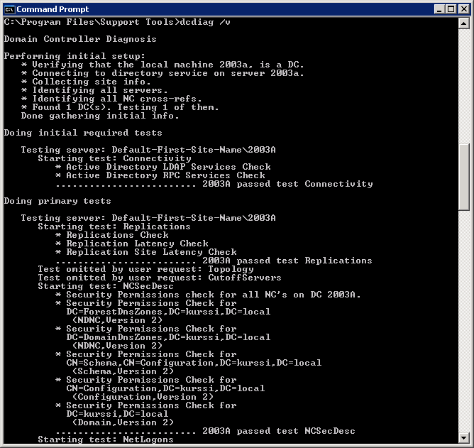 KRTT Oulu Windows 2003 - AD-terveystarkistus 2008 Kimmo Rousku sivu 19 (20) Aja komento /v valitsimella (verbose): tätä ei ole niin helppo tutkia, kokeile: dcdiag >dc.txt dc.