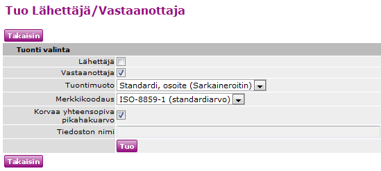 8 1.3 Tiedoston tuominen Tuo tiedosto siirtymällä valikkoon Ylläpito -> Vastaanottaja (tai Lähettäjä, jos tuot lähettäjätietoja). Napsauta Tuo. Valitse Lähettäjä tai Vastaanottaja (tai molemmat).