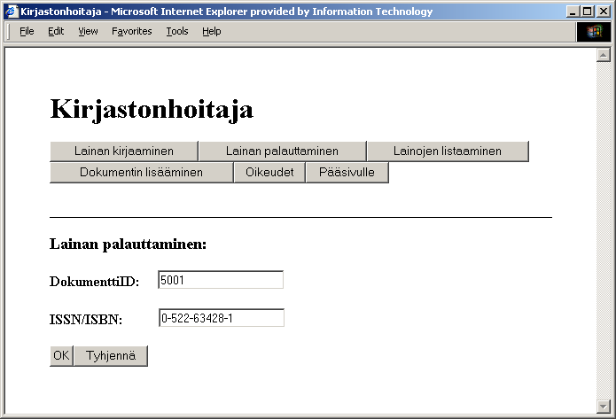 3.7.3 Lainan palauttaminen sivu Sivulle pääsee muilta kirjastonhoitajan sivuilta