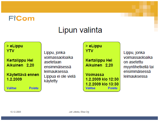 Kuva 38. Toinen SIM-Toolkit-käyttöliittymäesimerkki. (Kontaktiton lähiasiointi matkapuhelimella elippu matkapuhelimessa. FiCom. 20