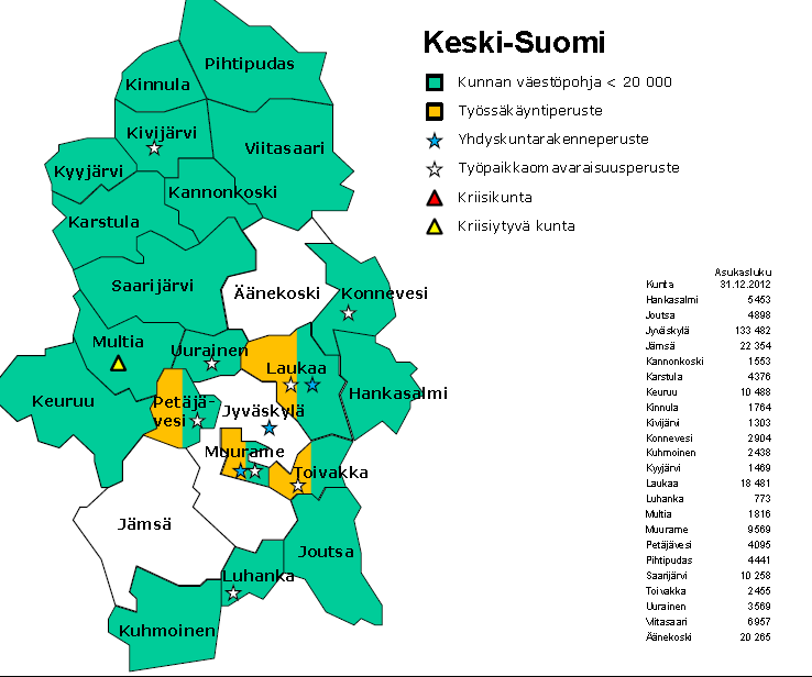 14 Tarkastelun perusteella ministeriössä laadittiin yhteenveto, jonka mukaan kriteereistä Keuruun, Multian ja Mänttä-Vilppulan kunnissa kaikissa täyttyy väestöpohjaperuste (alle 20 000 asukkaan