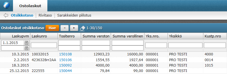 tositenumero ja kustannuspaikan numero, hakuehdossa otettu käyttöön uudellainen hakuoperaattori, jolla voidaan tehdä monipuolisemmin hakuehtoja.