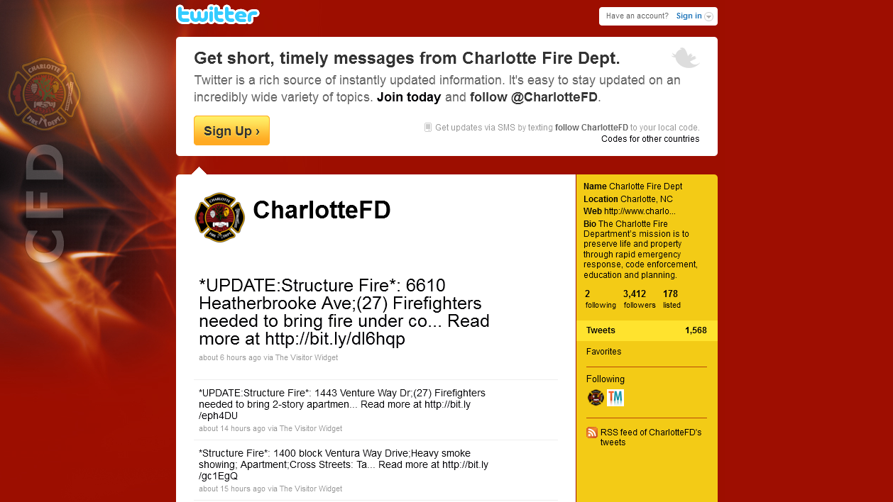 43 Kuva 23. Charlotten Fire Deparment Twitterissä. Lähde: Twitter, 2011.