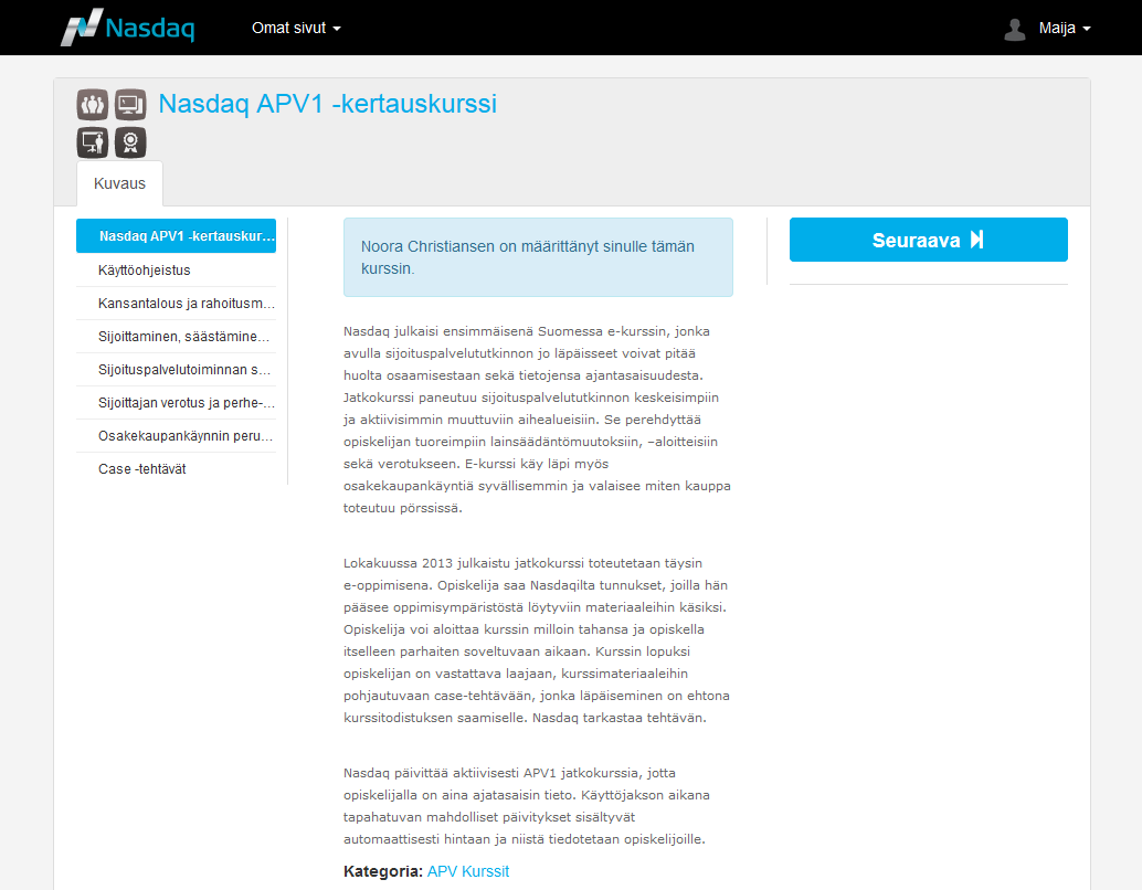 Kurssisivulla ensimmäisenä on Nasdaq APV1 -kertauskurssin esittely.