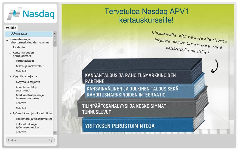 Nasdaq APV1 -kertauskurssissa pääset navigoimaan joko alareunan nuolinäppäimillä (edellinen/seuraava) tai hyödyntäen navigaatiopaneelia.