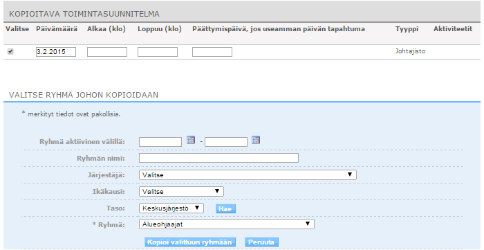 toimintasuunnitelmassa. Toimintasuunnitelman kohdassa voidaan suorittaa aktiviteetteja. Jos kyseessä on useamman päivän tapaaminen, asetetaan tapaamiselle päättymispäivä.