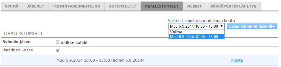 7.8.5 Aktiviteetit Aktiviteetit -välilehteä klikkaamalla pääset tarkastelemaan ryhmän jäsenten aktiviteetteja. Ryhmän jäsenille voidaan lisätä toimintasuunnitelman kohtaan määriteltyjä aktiviteetteja.