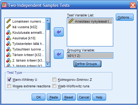 Esimerkki, jatkuu Keskiarvotestin sijaan eron tilastollinen merkitsevyys voidaan testata ei-parametrisella Mann-Whitneyn U-testillä.