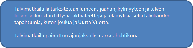 1. Talvimatkailun määritelmä ja nykytilanne Suomessa Talvimatkailu on KTM:n vuonna 2006 julkaisemassa valtakunnallisessa matkailustrategiassa (Suomen matkailustrategia vuoteen 2020 &