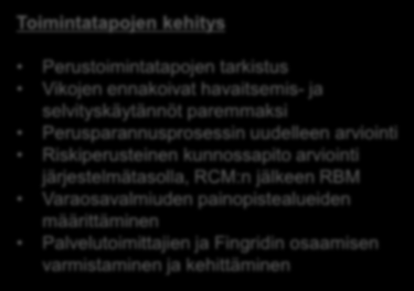 Kuunnonhallinta 2020 - kehityksen painopistealueet Toimintatapojen kehitys Perustoimintatapojen tarkistus Vikojen ennakoivat havaitsemis- ja selvityskäytännöt paremmaksi Perusparannusprosessin