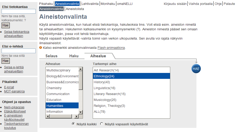 13/24 Haulla löytyy linkki tietokantaan ja i-kirjaimen takaa