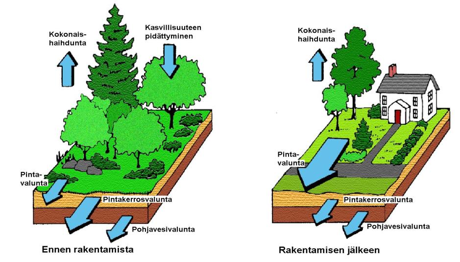 Sadannasta valunnaksi Interseptio = pidättyminen kasvillisuuteen haihtuu Evaporaatio = haihdunta (maa ja vesi) Transpiraatio = kasvien hyötykäyttämä vesi haihtuu Evapotranspiraatio = evaporaatio +