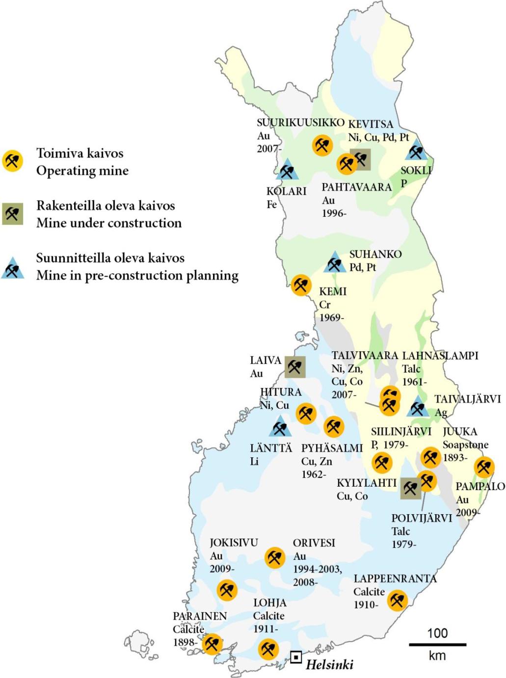 Suomen kaivosturvallisuuden neuvottelukunta Toimiala Suomessa oli vuonna 2013 n.40 toimivaa kaivosta, kaivoslupia 52 Metallikaivoksia 12 kpl, muut ovat teollisuusmineraaleja tms.